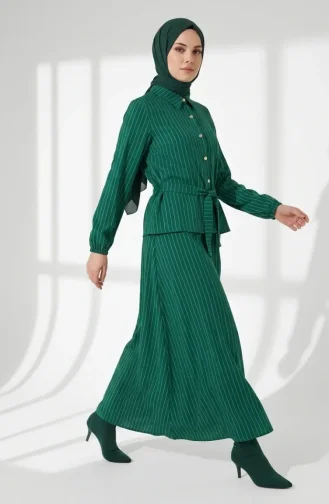 Ensemble Deux Pièces Jupe Rayée En Lin Et Hijab 0361-01 Vert émeraude 0361-01