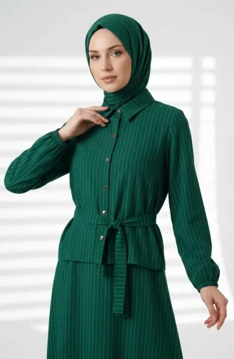 Ensemble Deux Pièces Jupe Rayée En Lin Et Hijab 0361-01 Vert émeraude 0361-01