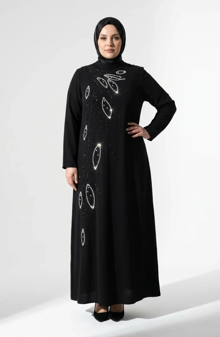 Plus Size Sequin Leaf Patterned Modest Evening Dress 6359-01 Black 6359-01