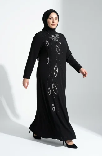 Plus Size Sequin Leaf Patterned Modest Evening Dress 6359-01 Black 6359-01