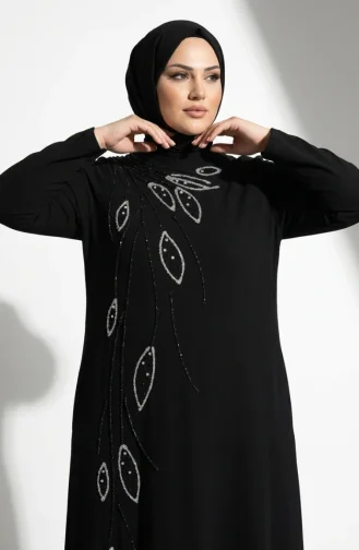 Plus Size Sequin Leaf Patterned Modest Evening Dress 6359-01 Black 6359-01