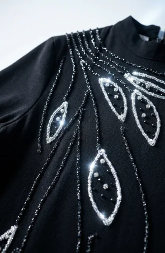 Plus Size Sequin Leaf Patterned Modest Evening Dress 6359-01 Black 6359-01