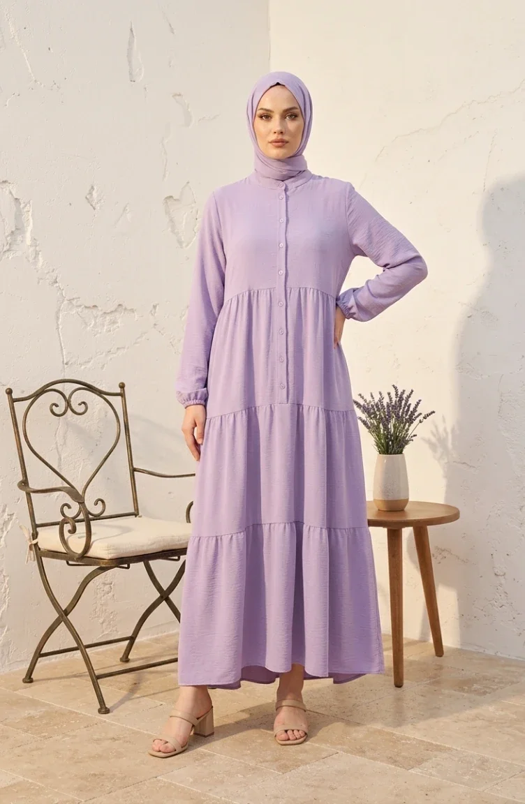 Aerobin Fabric Buttoned Layered Hijab Dress 4124-17 Light Lilac 4124-17