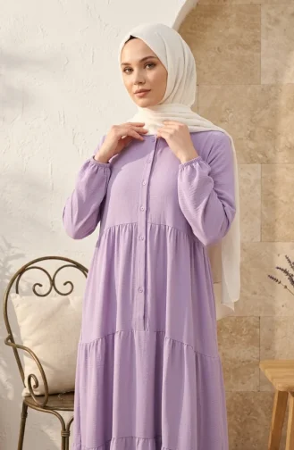 Aerobin Fabric Buttoned Layered Hijab Dress 4124-17 Light Lilac 4124-17
