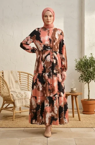 Robe En Tissu Modal Avec Taille à Cordon De Serrage 0160-04 Marron Saumon 0160-04