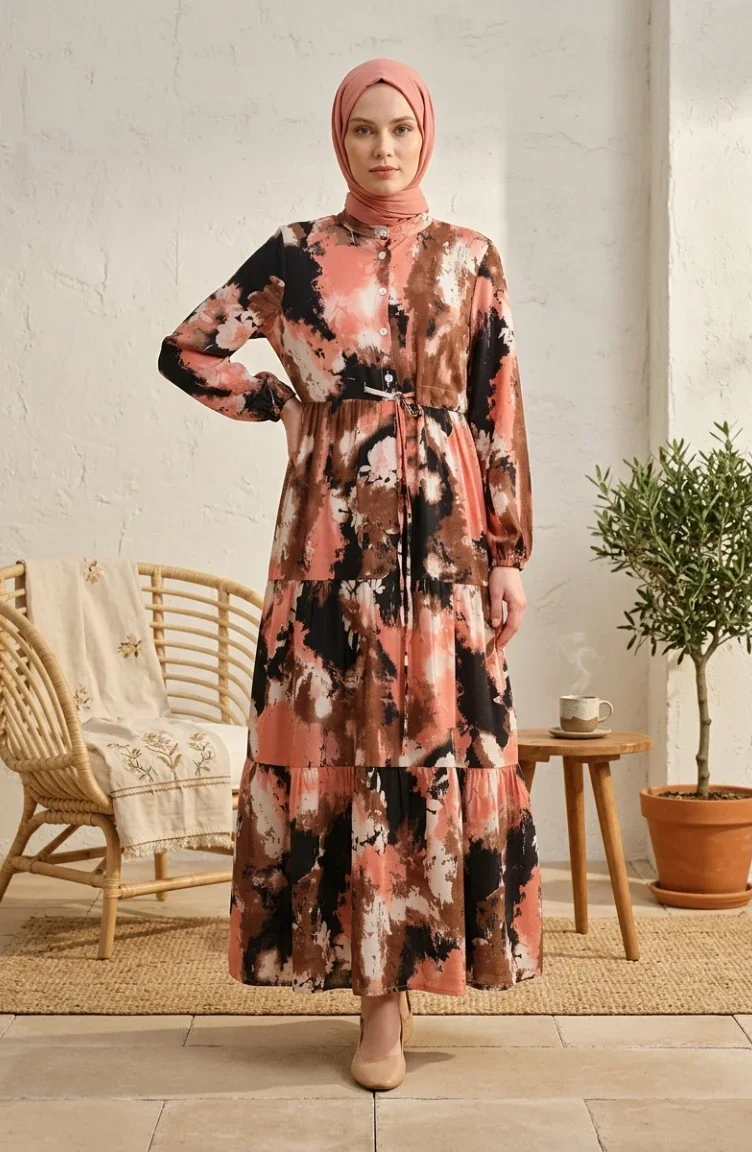 Robe En Tissu Modal Avec Taille à Cordon De Serrage 0160-04 Marron Saumon 0160-04