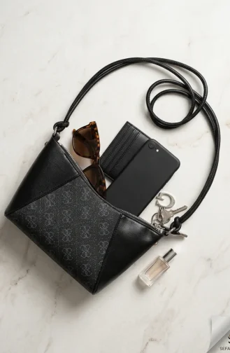 Patterned Leather Shoulder Bag 4002-01 Navy Blue 4002-01