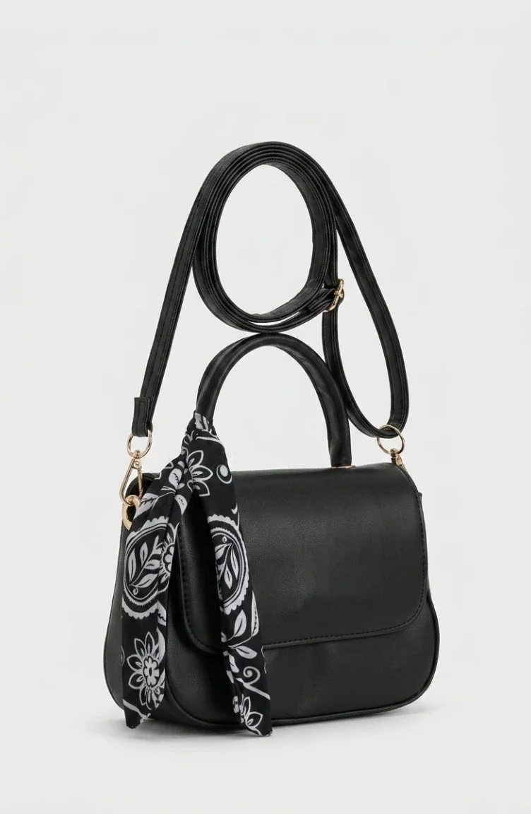 Stylish Scarf Detail Faux Leather Shoulder Bag 4044-02 Black 4044-02