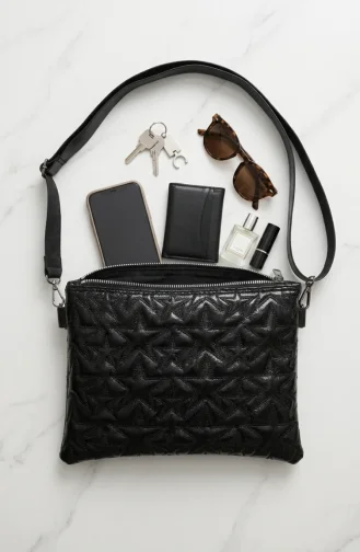 Star Embossed Leather Shoulder Bag 4013-01 Black 4013-01