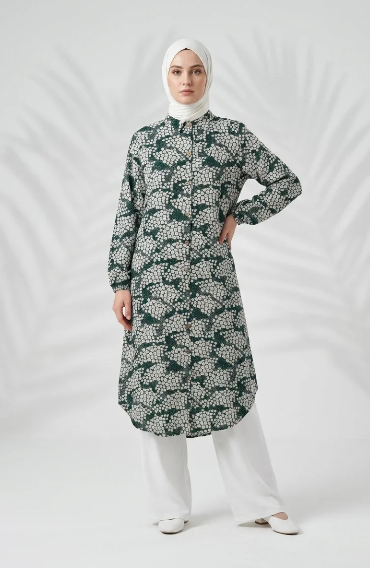 Viscose Fabric Tunic And Pants Two-Piece Hijab Set 0367-01 Emerald Green 0367-01