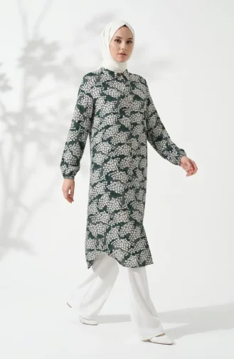 Viscose Fabric Tunic And Pants Two-Piece Hijab Set 0367-01 Emerald Green 0367-01