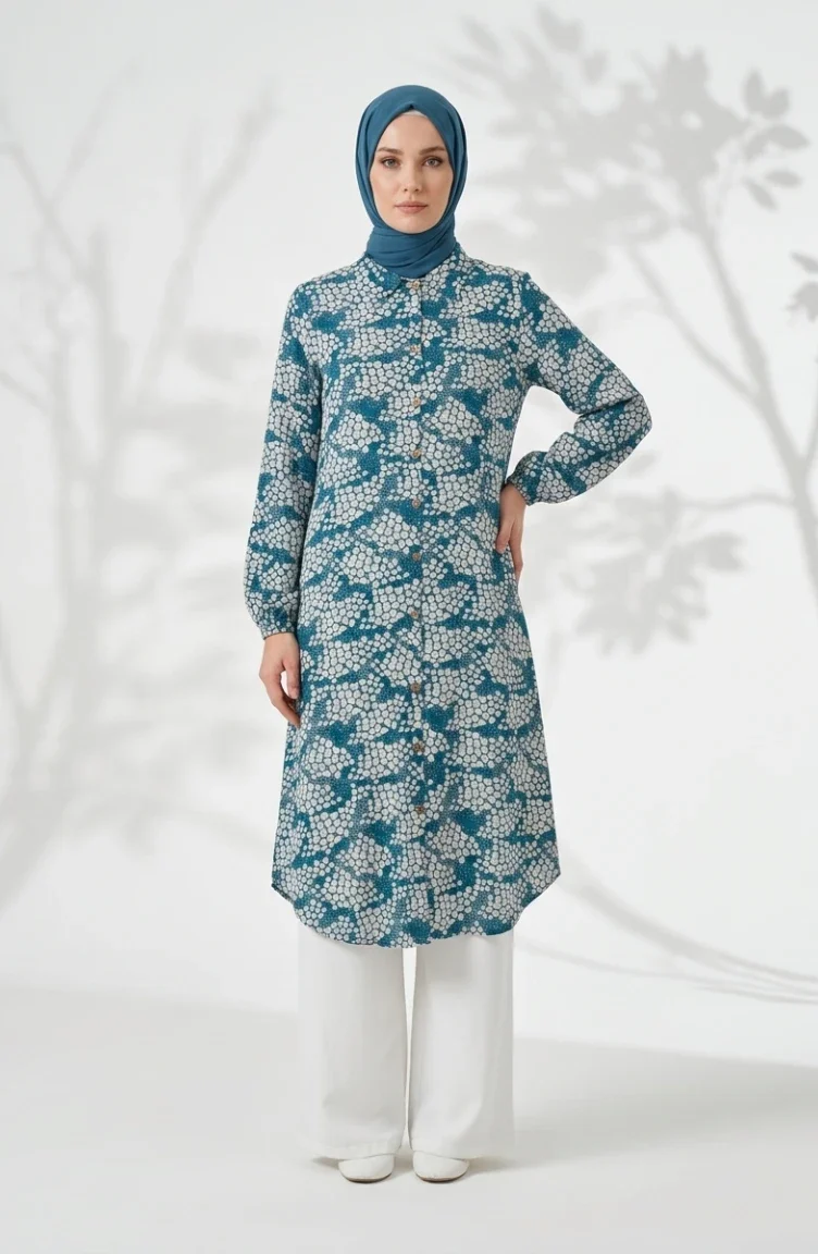 Viscose Fabric Tunic And Pants Two-Piece Hijab Set 0367-02 Petrol 0367-02