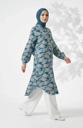 Viscose Fabric Tunic And Pants Two-Piece Hijab Set 0367-02 Petrol 0367-02