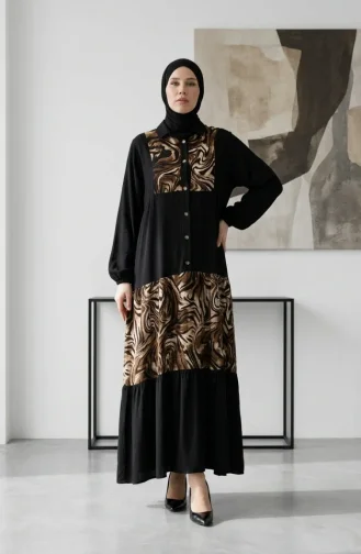 Elastic Sleeve Patterned Dress 2078-01 Black 2078-01