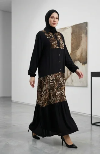 Elastic Sleeve Patterned Dress 2078-01 Black 2078-01
