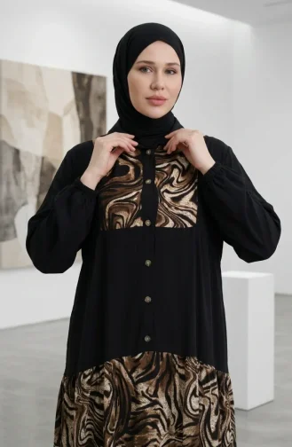 Elastic Sleeve Patterned Dress 2078-01 Black 2078-01