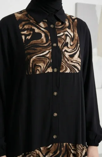 Elastic Sleeve Patterned Dress 2078-01 Black 2078-01