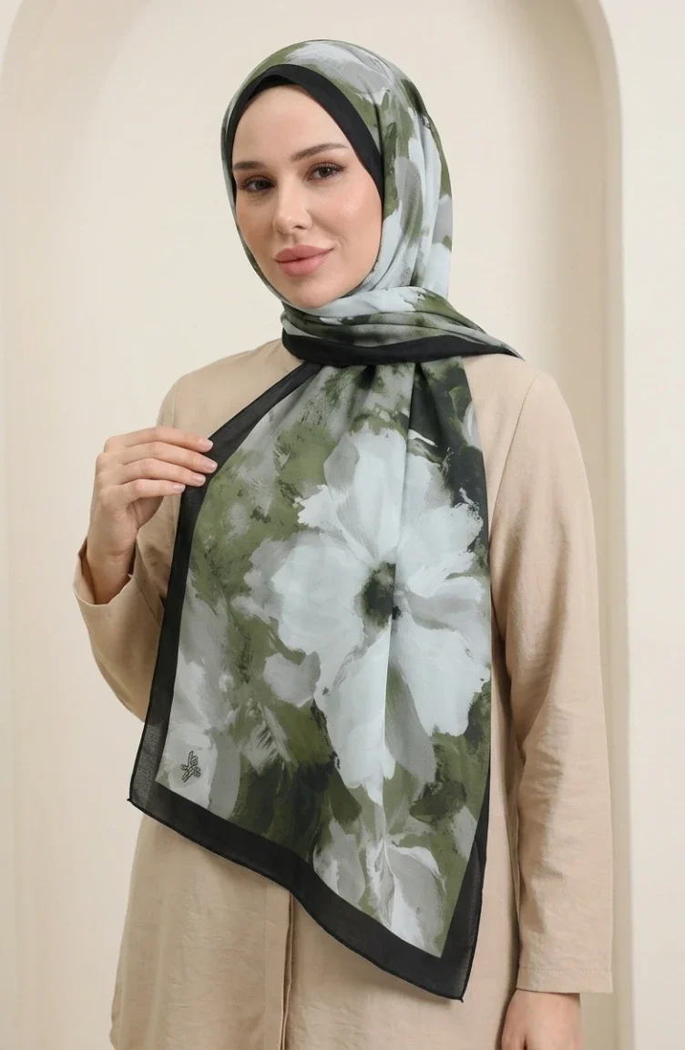 وشاح ناعم منقوش 70377-05 كاكي أسود 70377-05