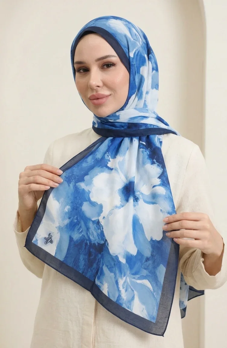 وشاح ناعم منقوش 70377-11 أزرق داكن 70377-11