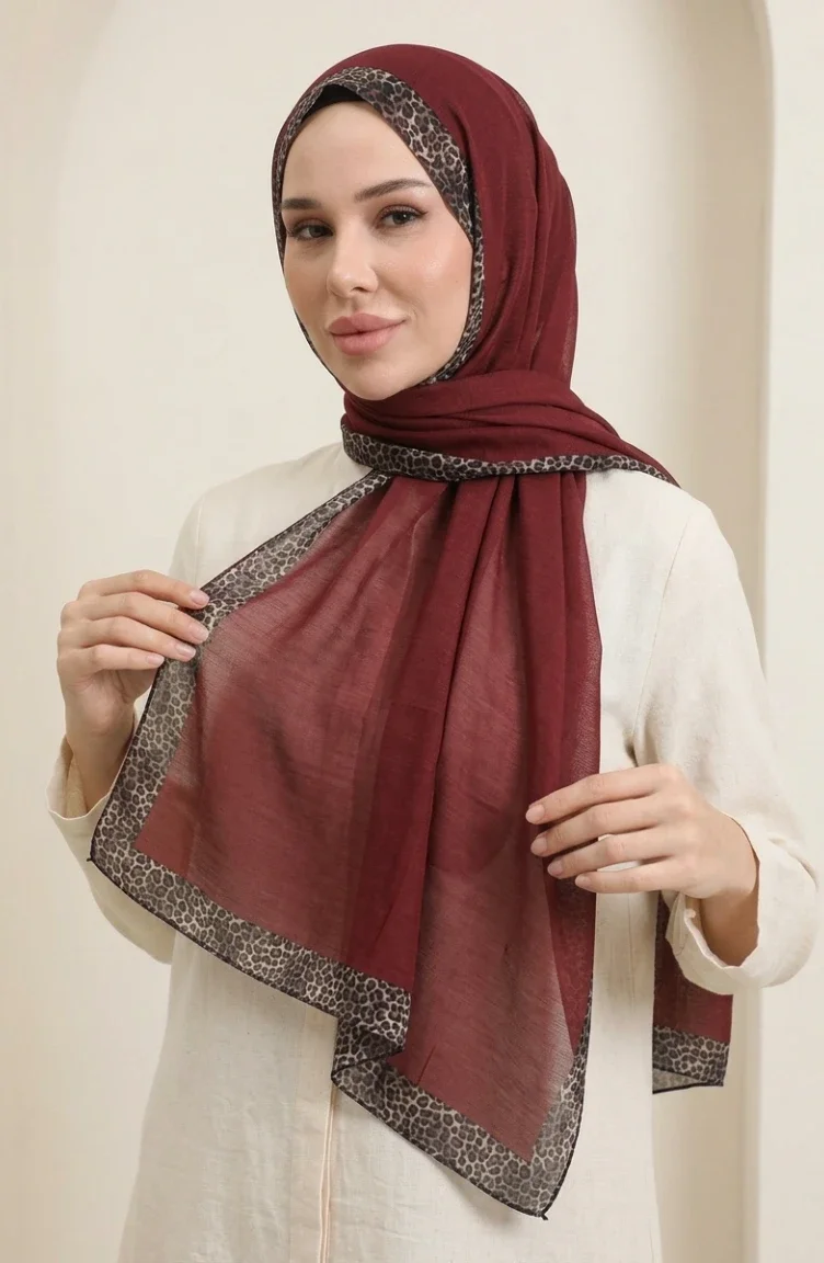 Leopar Desen kehribar Şal 70381-14 Bordo