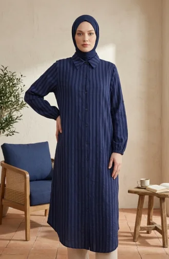 Tunique En Lin Rayée à Col Chemise Et Boutons 0366-01 Bleu Marine 0366-01