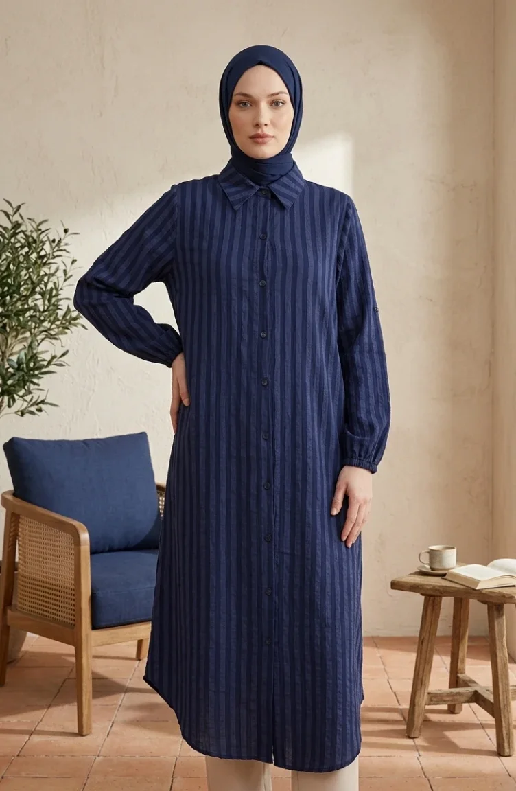 Tunique En Lin Rayée à Col Chemise Et Boutons 0366-01 Bleu Marine 0366-01