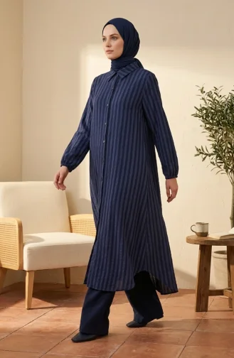 Tunique En Lin Rayée à Col Chemise Et Boutons 0366-01 Bleu Marine 0366-01