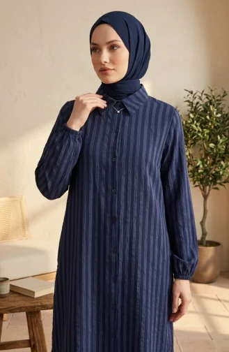 Tunique En Lin Rayée à Col Chemise Et Boutons 0366-01 Bleu Marine 0366-01