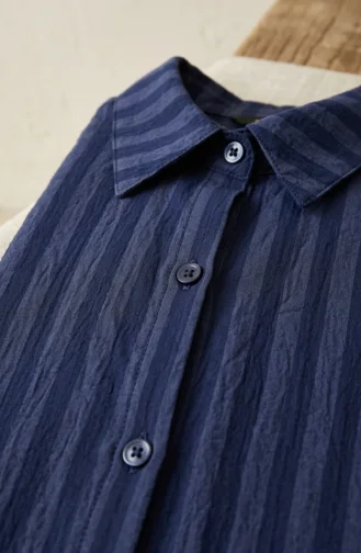 Tunique En Lin Rayée à Col Chemise Et Boutons 0366-01 Bleu Marine 0366-01