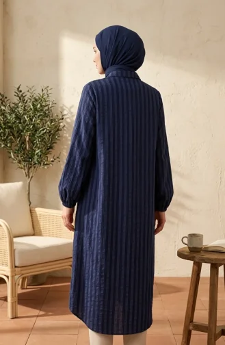 Tunique En Lin Rayée à Col Chemise Et Boutons 0366-01 Bleu Marine 0366-01