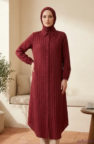 تونيك كتان مخطط بأزرار وياقة قميص 0366-02 بورغندي 0366-02