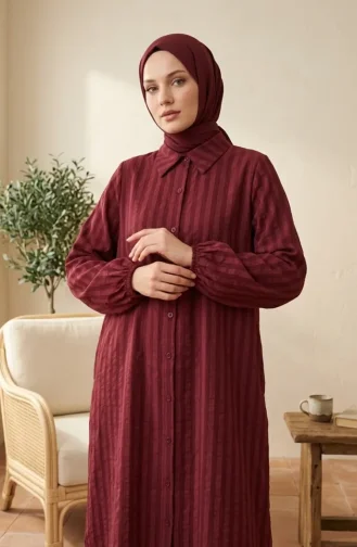 تونيك كتان مخطط بأزرار وياقة قميص 0366-02 بورغندي 0366-02