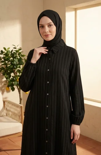Gömlek Yaka Çizgili Düğmeli Keten Tunik 0366-05 Siyah