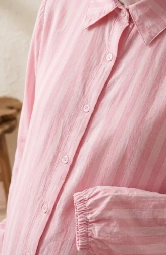 تونيك كتان مخطط بأزرار وياقة قميص 0366-07 وردي 0366-07