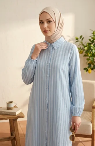 تونيك كتان مخطط بأزرار وياقة قميص 0366-08 أزرق فاتح 0366-08