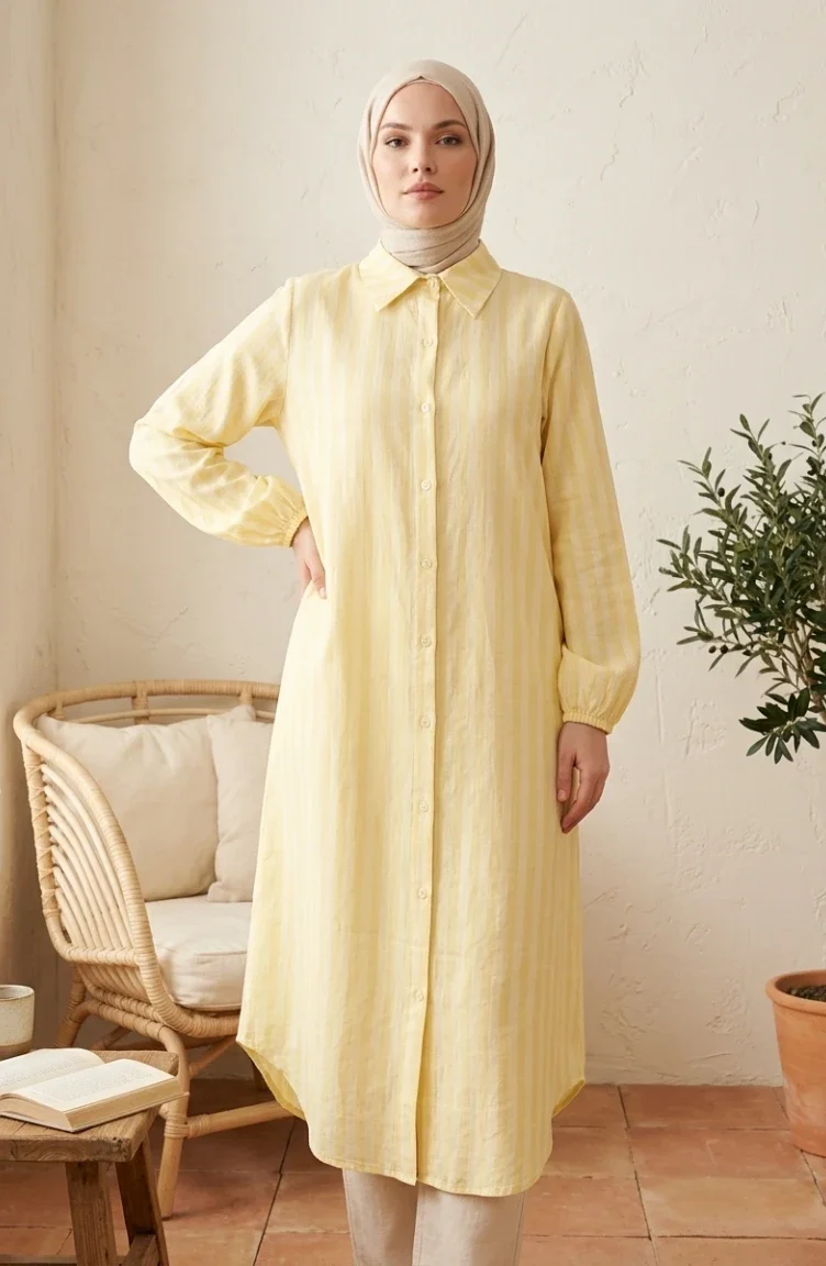 Tunique En Lin Rayée à Col Chemise Et Boutons 0366-09 Jaune Clair 0366-09