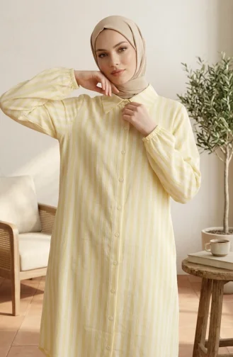 Tunique En Lin Rayée à Col Chemise Et Boutons 0366-09 Jaune Clair 0366-09