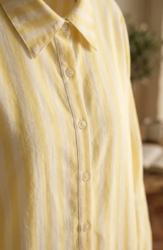 Tunique En Lin Rayée à Col Chemise Et Boutons 0366-09 Jaune Clair 0366-09