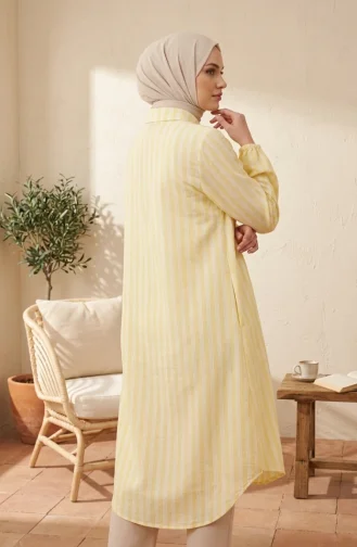 Tunique En Lin Rayée à Col Chemise Et Boutons 0366-09 Jaune Clair 0366-09