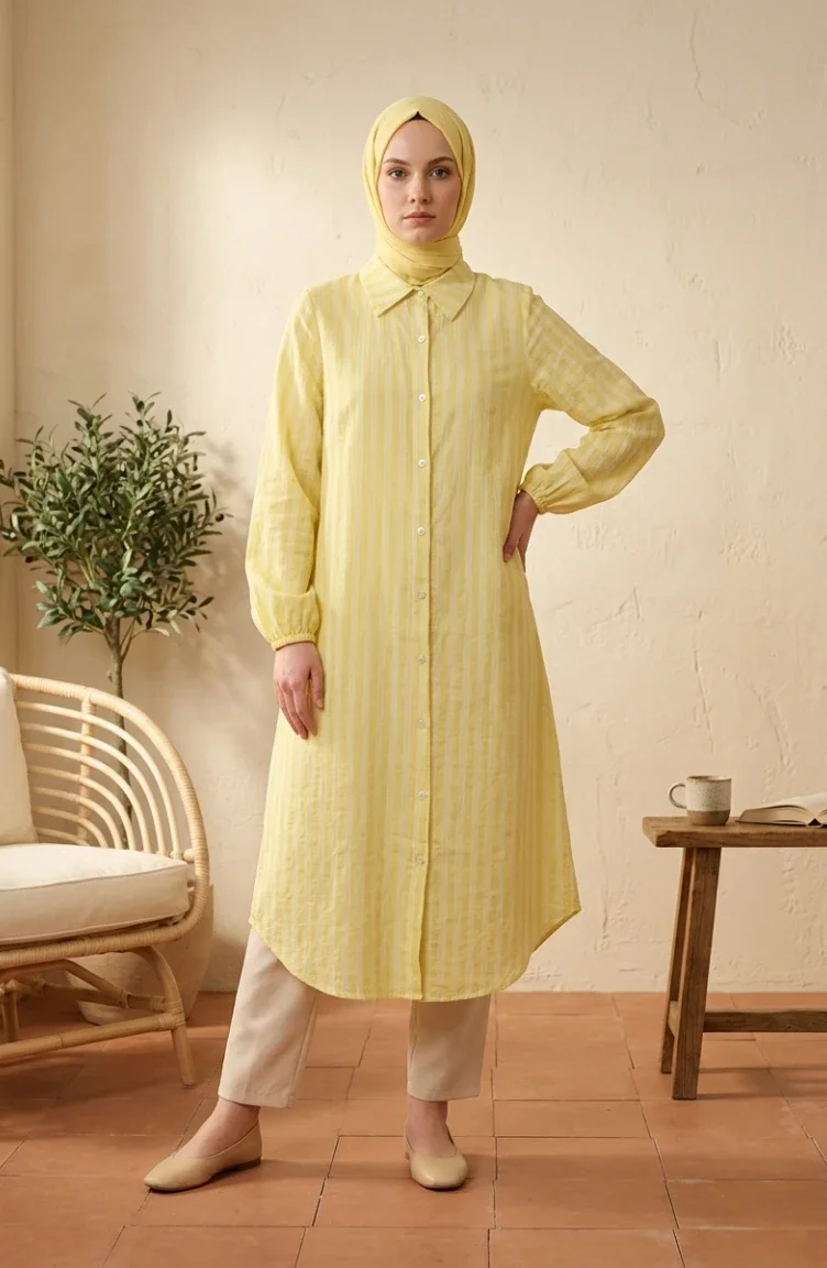 Shirt Collar Striped Buttoned Linen Tunic 0366-10 Yellow 0366-10
