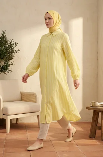 Shirt Collar Striped Buttoned Linen Tunic 0366-10 Yellow 0366-10