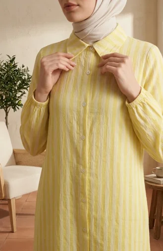 Shirt Collar Striped Buttoned Linen Tunic 0366-10 Yellow 0366-10