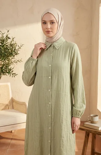 Gömlek Yaka Çizgili Düğmeli Keten Tunik 0366-11 Yeşil