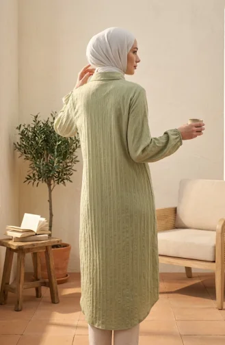 Gömlek Yaka Çizgili Düğmeli Keten Tunik 0366-11 Yeşil