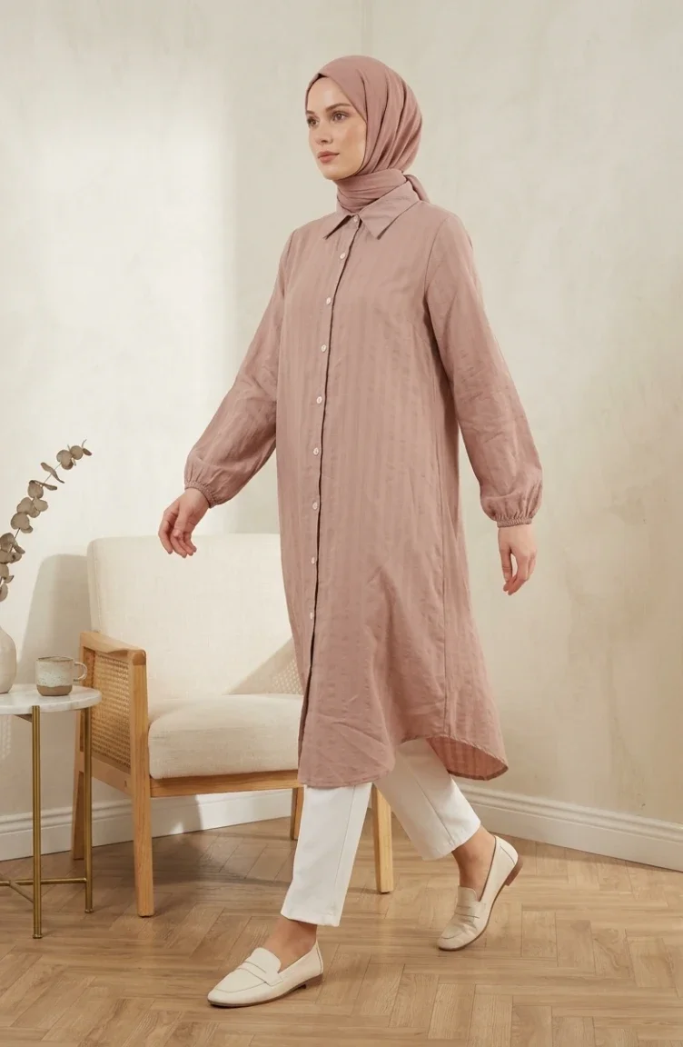 Gestreepte Linnen Tuniek Met Overhemdkraag En Knoopsluiting 0366-13 Roze 0366-13