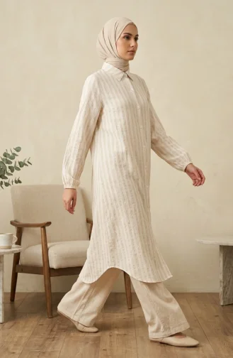 Hemdkragen Gestreifte Leinentunika Mit Knöpfen 0366-14 Weiß/Beige 0366-14