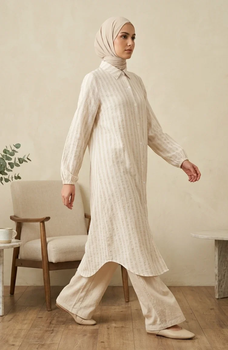 Hemdkragen Gestreifte Leinentunika Mit Knöpfen 0366-14 Weiß/Beige 0366-14