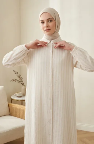 Hemdkragen Gestreifte Leinentunika Mit Knöpfen 0366-14 Weiß/Beige 0366-14