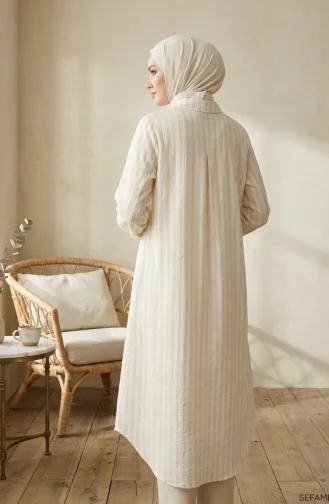 Hemdkragen Gestreifte Leinentunika Mit Knöpfen 0366-14 Weiß/Beige 0366-14