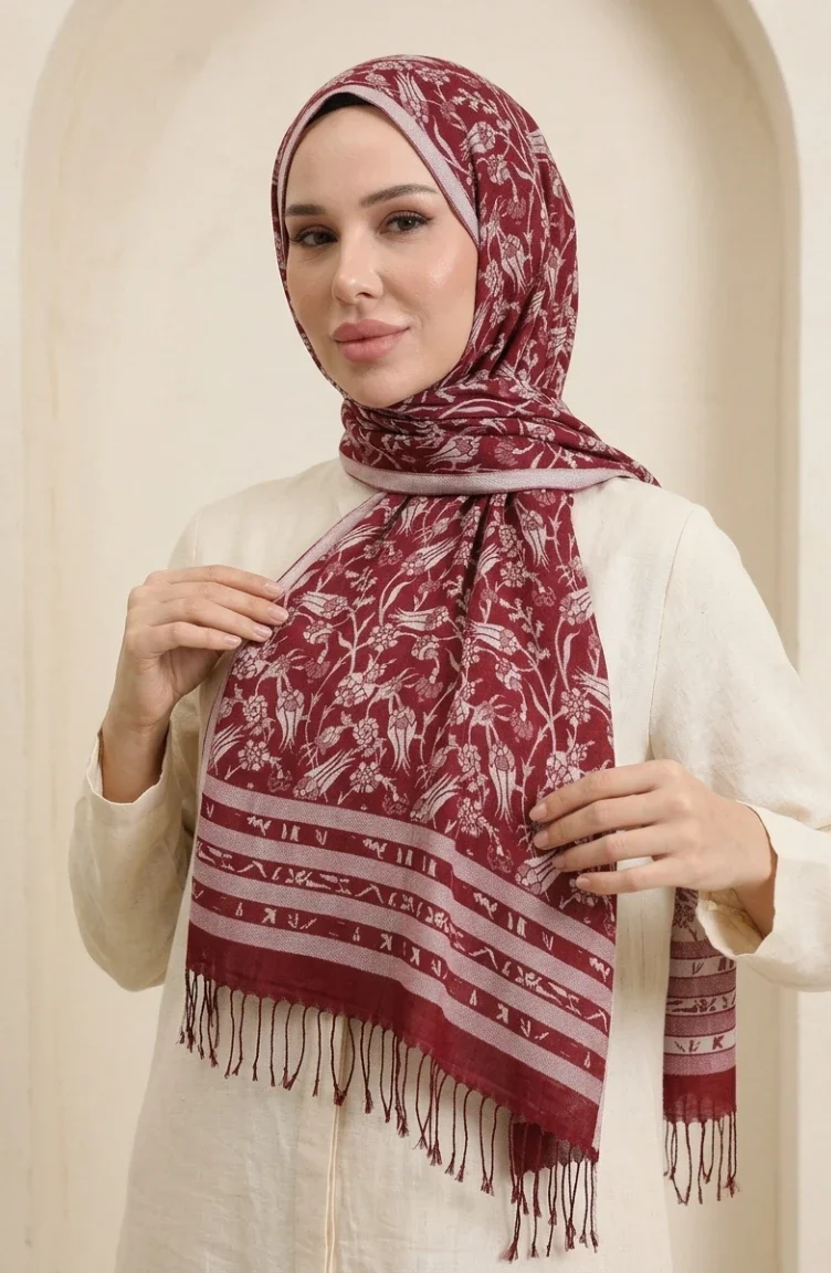 شال من الكشمير المهدب 70367-13 بورغندي 70367-13